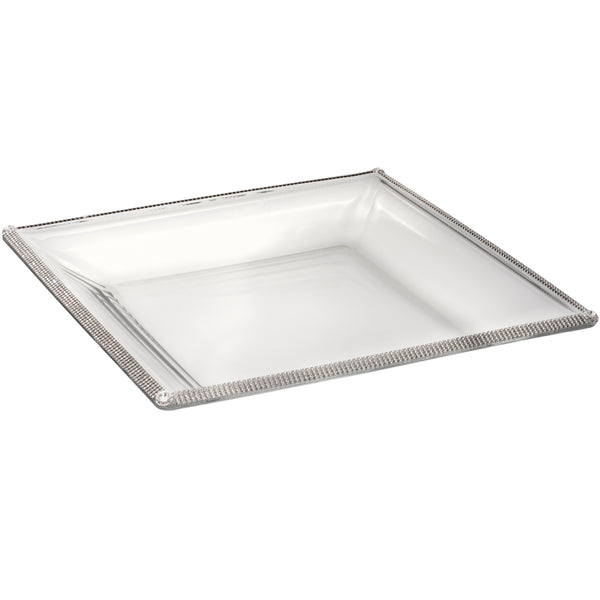 14in Square X 1.5in Deep Glass Bowl With Crystal Accents - Silver